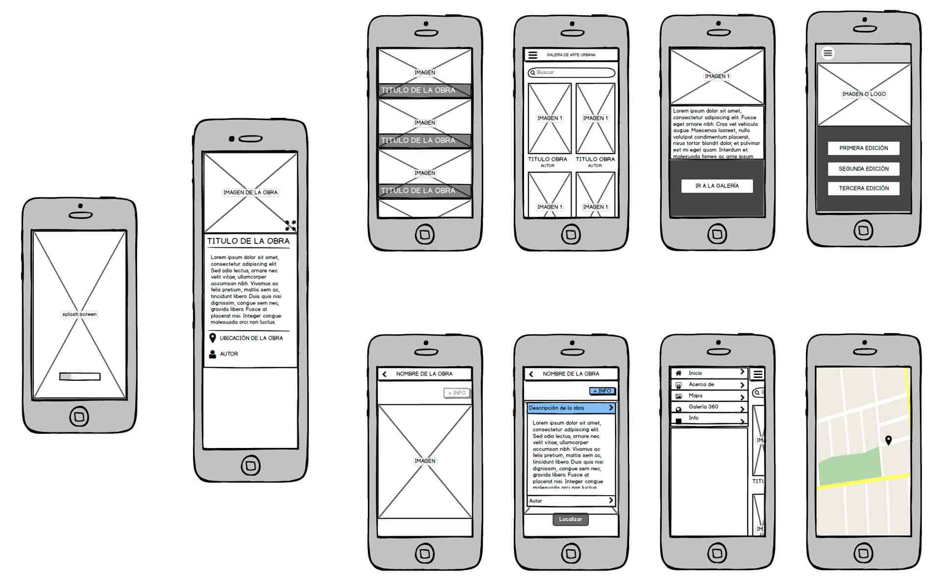 wireframes aplicación galería urbana de Salamanca